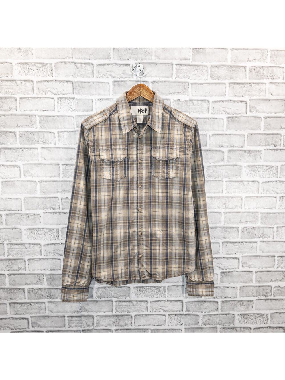 NSF Long Sleeve Button up Shirt in beige Gray Plaid Cotton Size Large